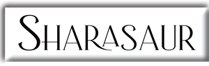 Sharasaur text logo in a white rectangle with shadow around the edges.