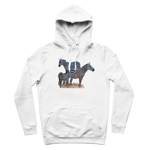 White hoodie with three zebra on the front.