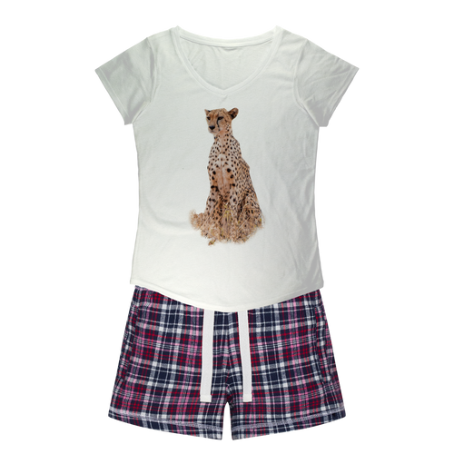 Ladies PJs: Cheetah on a white shirt. Matching flannel shorts with white navy&pink colours