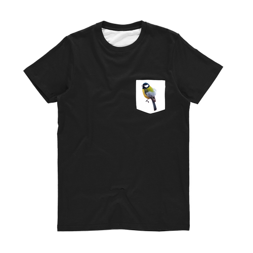 a great tit printed on the white pocket of a simple black T-shirt