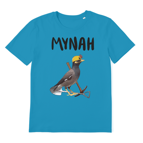 A blue bird meme shirt with a mining mynah. 