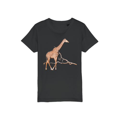 A large print giraffe on a black t-shirt for kids.
