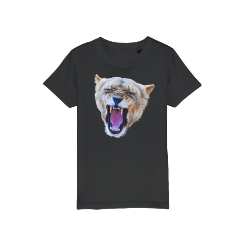 A lioness yawning on the front of a funny kids t-shirt in the colour black. 