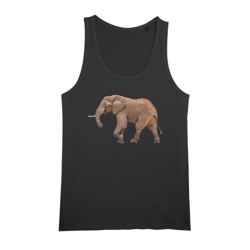 Men's organic cotton black tank top with a photographic print of an african elephant