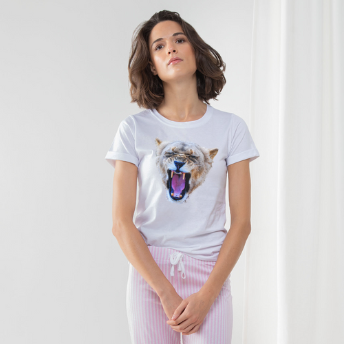 Ladies pyjama set with yawning lioness on the front of a white t-shirt and pink long pants