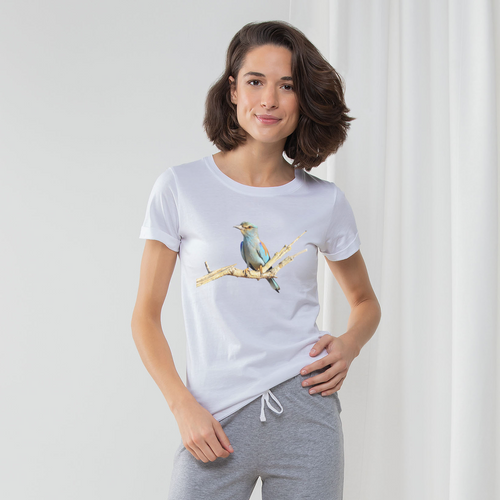 Ladies pyjama set with eurasian roller bird on the front of a white t-shirt and grey long pants