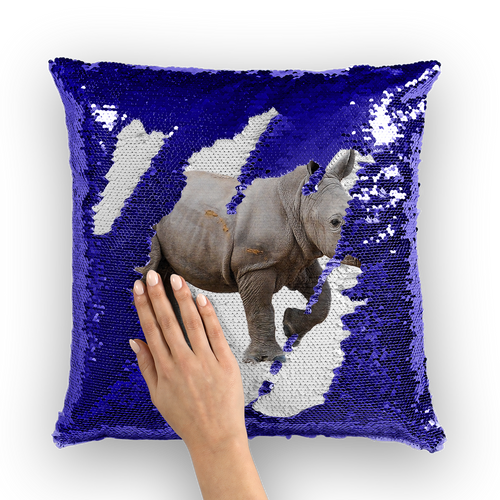 Purple sequinned cushion that has a hidden large print rhino calf when swiped