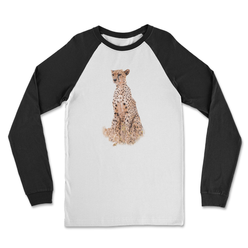 A cheetah on a white shirt with black long sleeves
