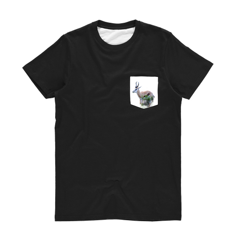 Black T-shirt with a white pocket & a springbok printed on the pocket