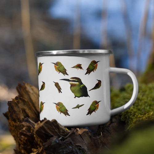 White enamel camping cup with repeating pattern of bee eater birds