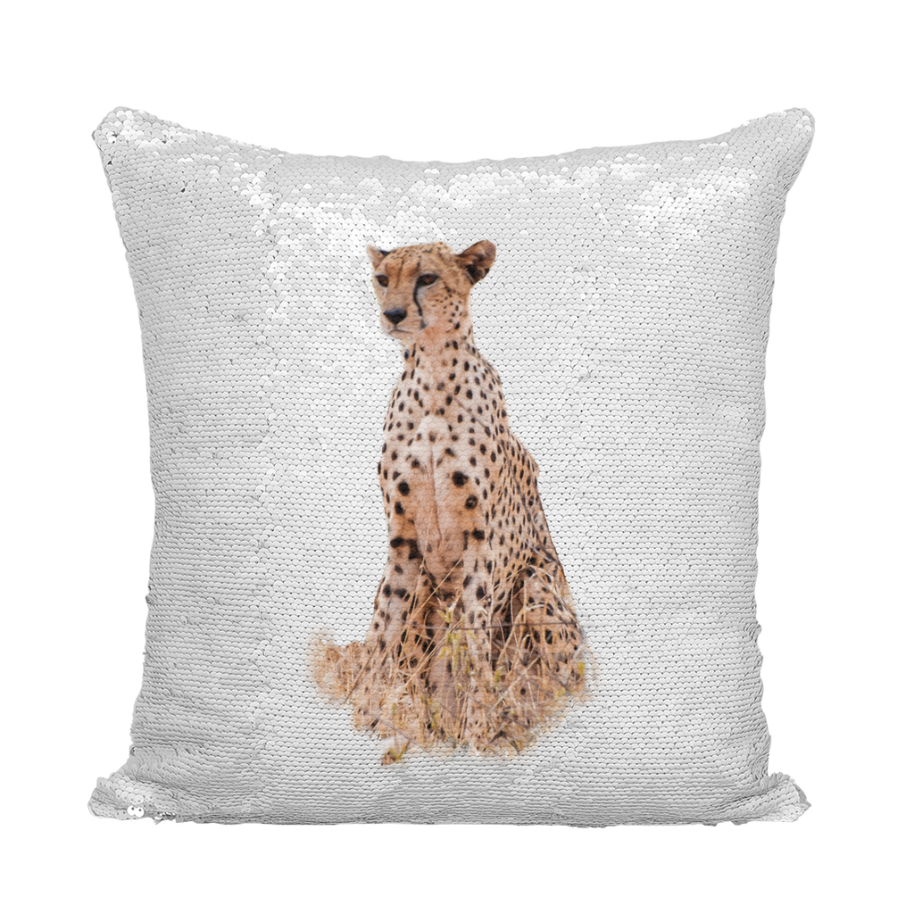 White sequinned cushion that has a hidden large print cheetah when swiped