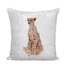Load image into Gallery viewer, White sequinned cushion that has a hidden large print cheetah when swiped
