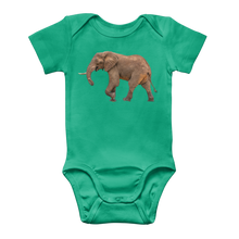 Load image into Gallery viewer, a bright green baby bodysuit with an elephant on the front
