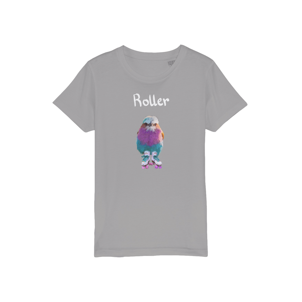 A grey shirt for kids featuring a roller bird wearing roller skates. An african bird t-shirt. 