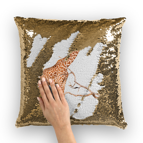 Gold sequinned cushion that has a hidden large print giraffe when swiped