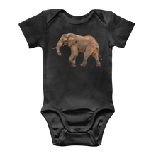 Load image into Gallery viewer, A black baby onesie with a side profile african elephant on front
