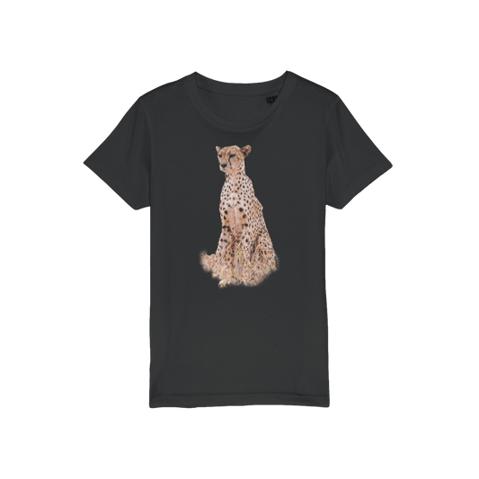 Kids t-shirt in black with an adult cheetah on the chest