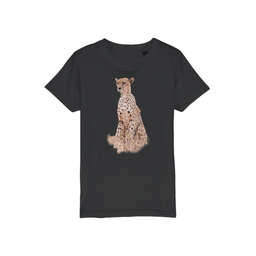 Kids t-shirt in black with an adult cheetah on the chest