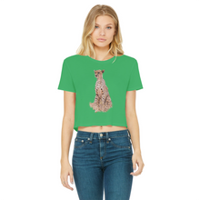 Load image into Gallery viewer, a green cropped shirt for women with a cheetah printed on the chest
