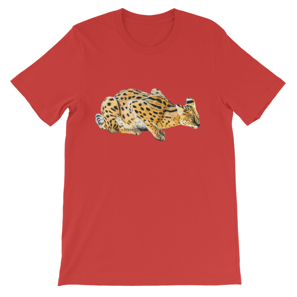 kids t-shirt in red with a round neck with serval cat