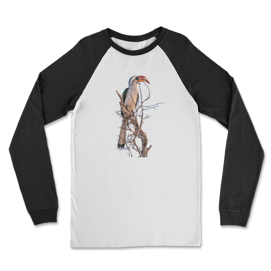 Black long sleeves on a white shirt with a hornbill print