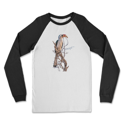 Black long sleeves on a white shirt with a hornbill print