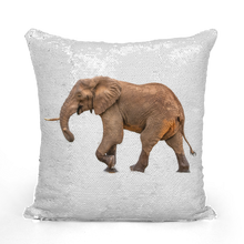 Load image into Gallery viewer, White sequinned cushion that has a hidden large print elephant when swiped

