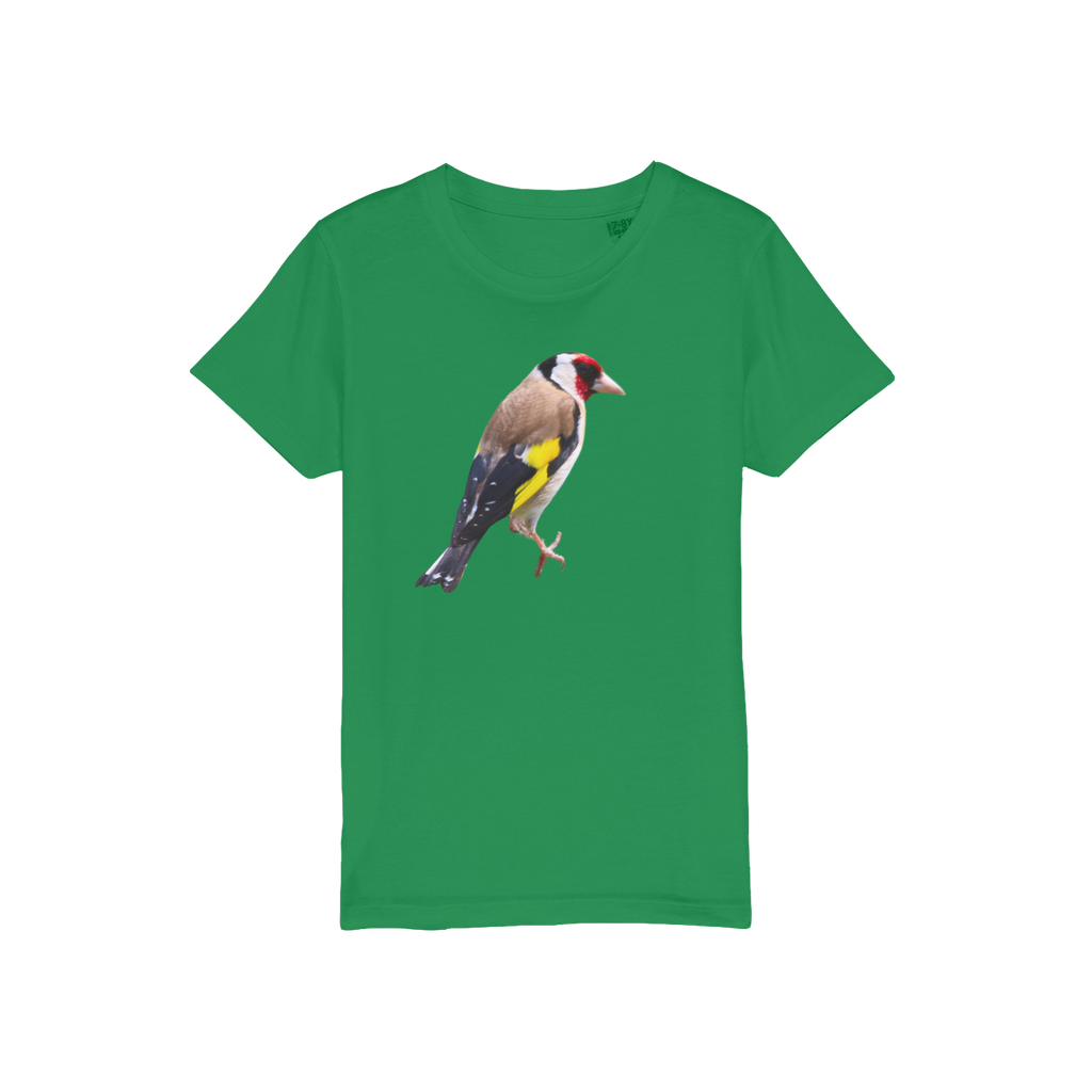 A green tee with a goldfinch garden bird on the front