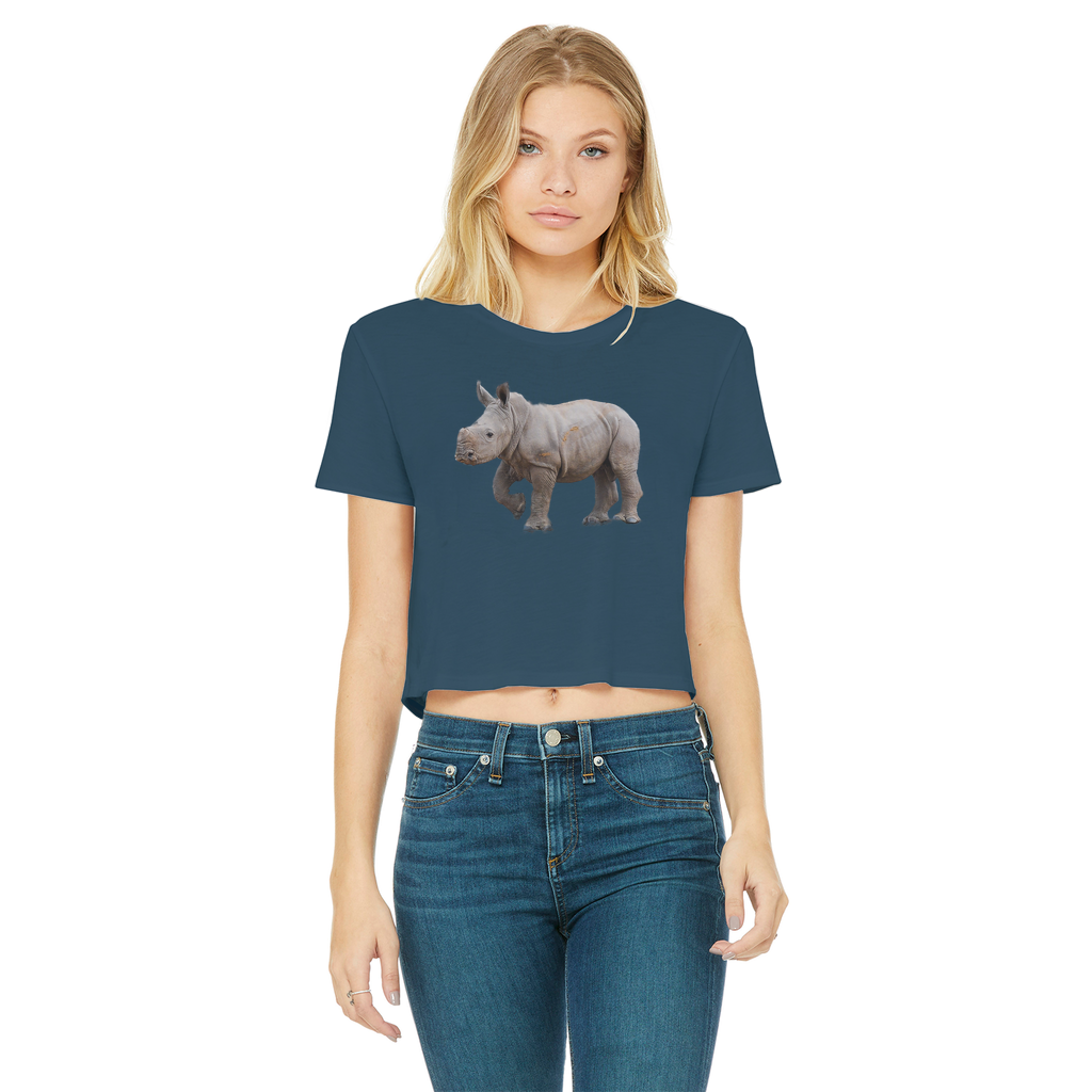 A round neck crop top in navy with a rhino.