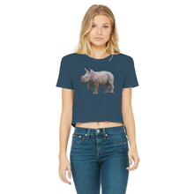 Load image into Gallery viewer, A round neck crop top in navy with a rhino.
