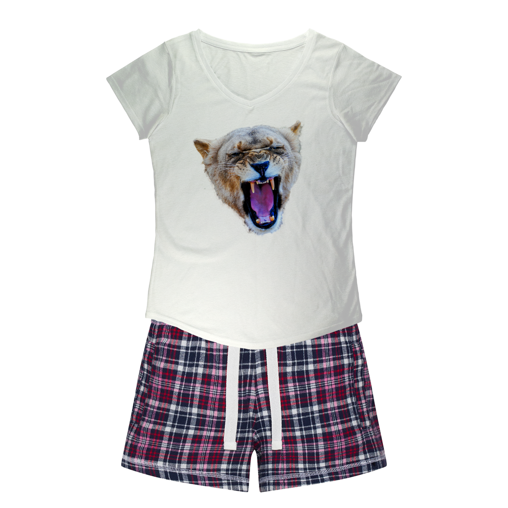 Ladies PJs: Hornbill printed on a white shirt. Matching flannel shorts with white navy &pink colours