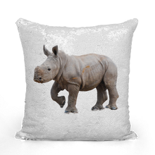 Load image into Gallery viewer, White sequinned cushion that has a hidden large print rhino calf when swiped
