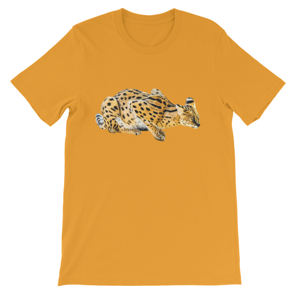 yellow t-shirt with crouching african serval cat