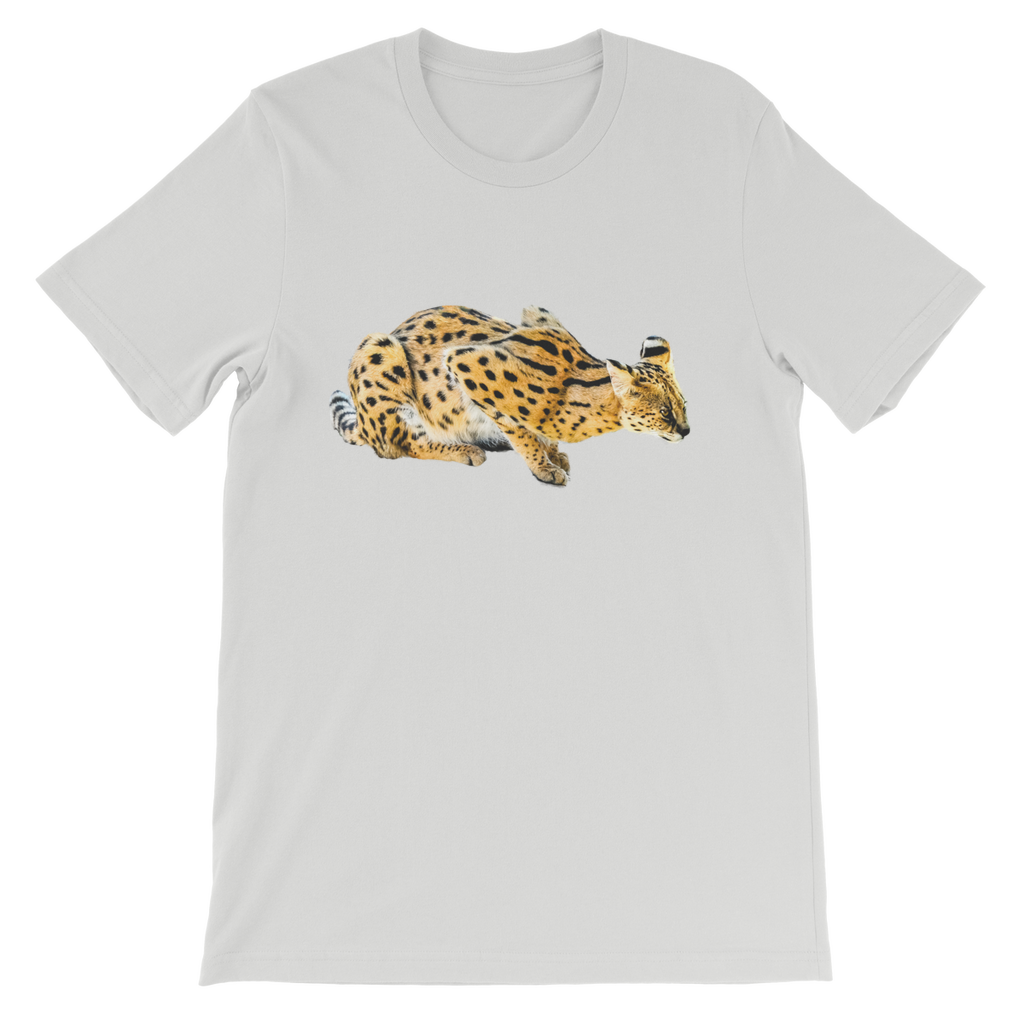 light grey childrens t-shirt with crouching african serval cat