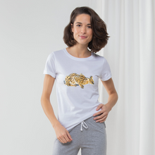 Load image into Gallery viewer, Pyjama set with african serval cat on the front of a white t-shirt and grey bottoms
