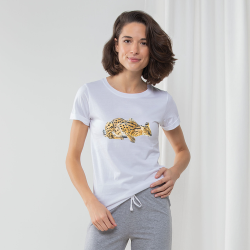 Pyjama set with african serval cat on the front of a white t-shirt and grey bottoms