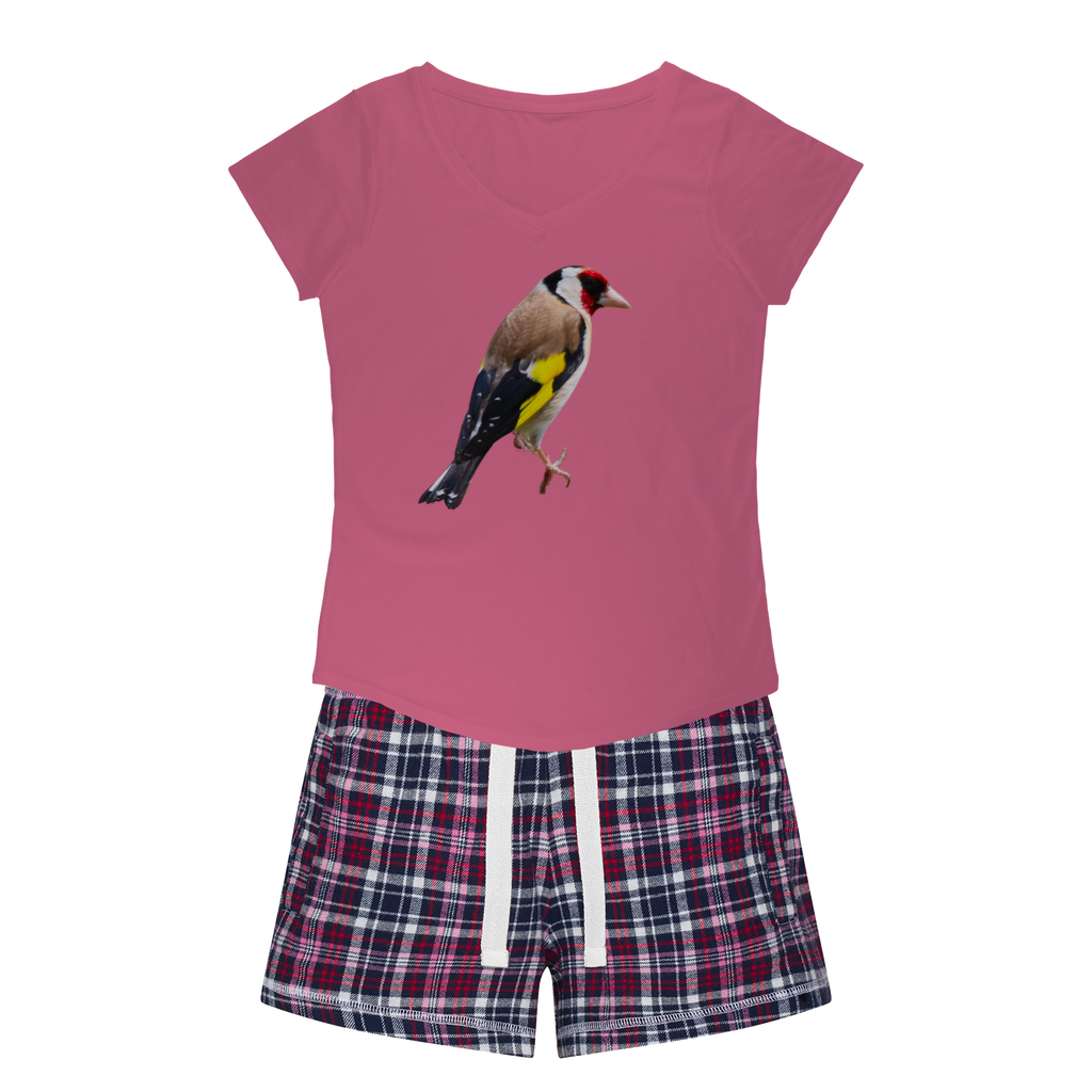 Ladies PJs: Goldfinch bird on a pink shirt. Matching flannel shorts with white navy&pink colours