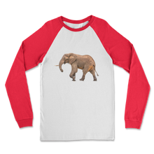 Load image into Gallery viewer, White shirt with long red sleeves and a photographic print of an elephant on the front. 
