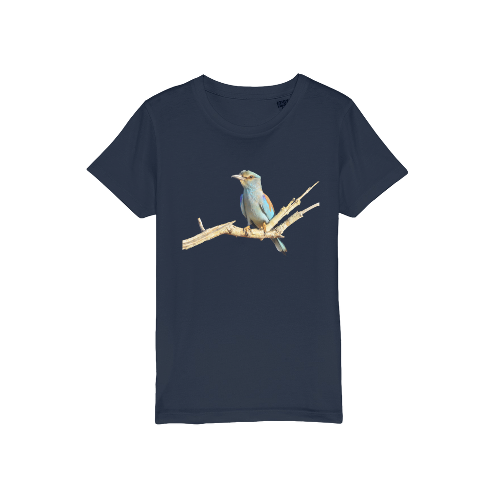 A navy t-shirt designed for kids with a roller bird on the front