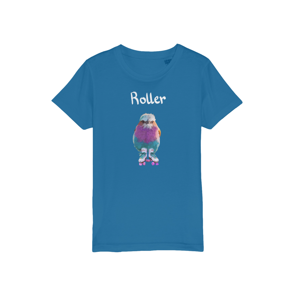 A blue t-shirt with a lilac breasted roller wearing roller skates. Bird tees for kids.