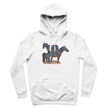 Load image into Gallery viewer, White hoodie with three zebra on the front.
