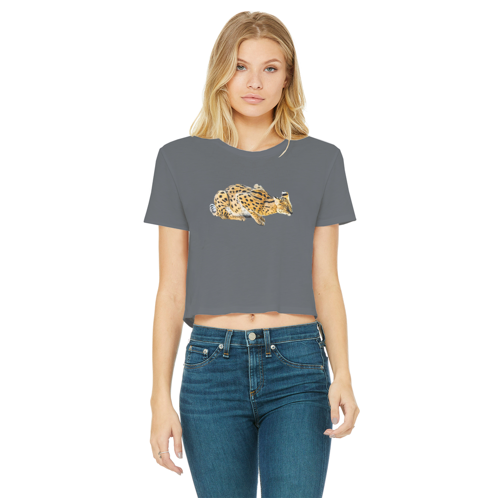 African Serval cat on dark grey cropped womens t-shirt