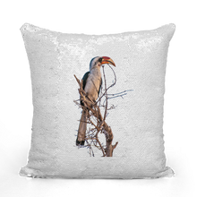 Load image into Gallery viewer, White sequinned cushion that has a hidden large print hornbill when swiped
