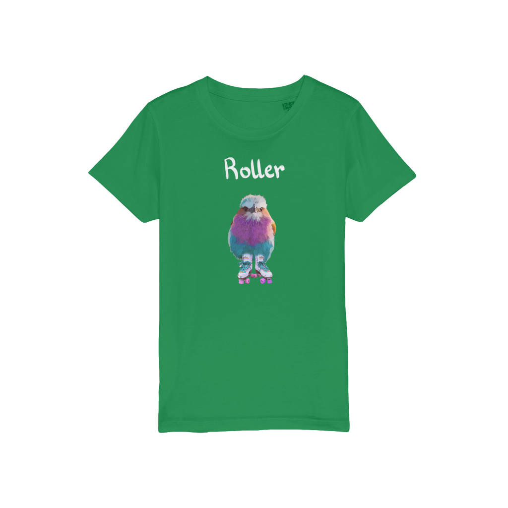 A green t-shirt for kids with a roller bird wearing roller skates. 