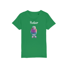 Load image into Gallery viewer, A green t-shirt for kids with a roller bird wearing roller skates. 
