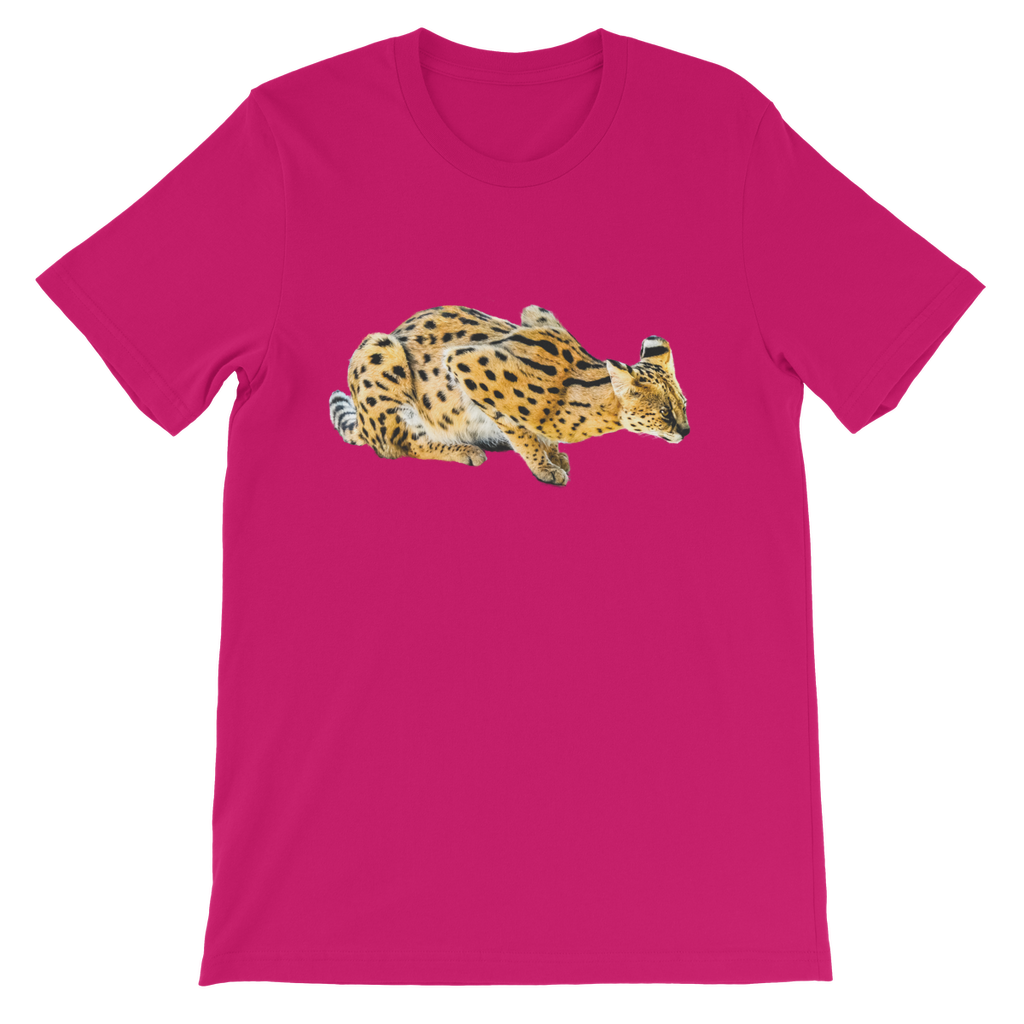 hot pink t-shirt with crouching african serval cat