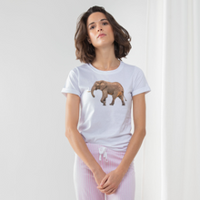 Load image into Gallery viewer, Ladies pyjama set with african elephant on the front of a white t-shirt and pink bottoms
