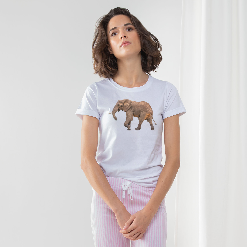 Ladies pyjama set with african elephant on the front of a white t-shirt and pink bottoms