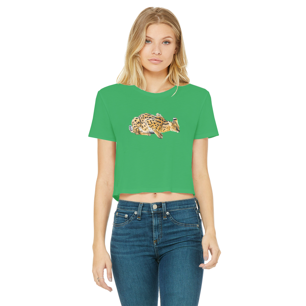 Green tee with a Serval cat. t-shirt is cropped.