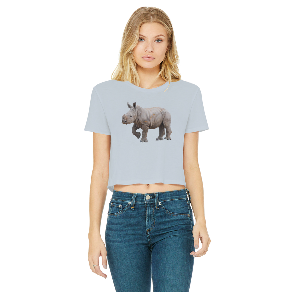 a round neck light grey/blue tee that is cropped and has a rhino calf on the chest